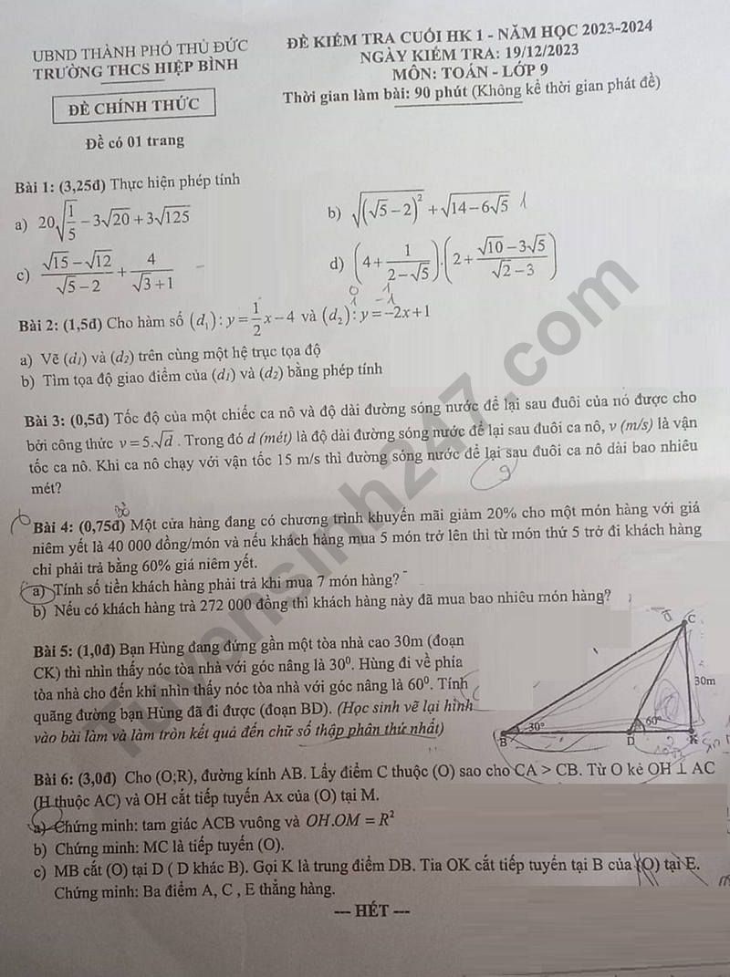 De thi ki 1 lop 9 mon Toan 2023 - THCS Hiep Binh