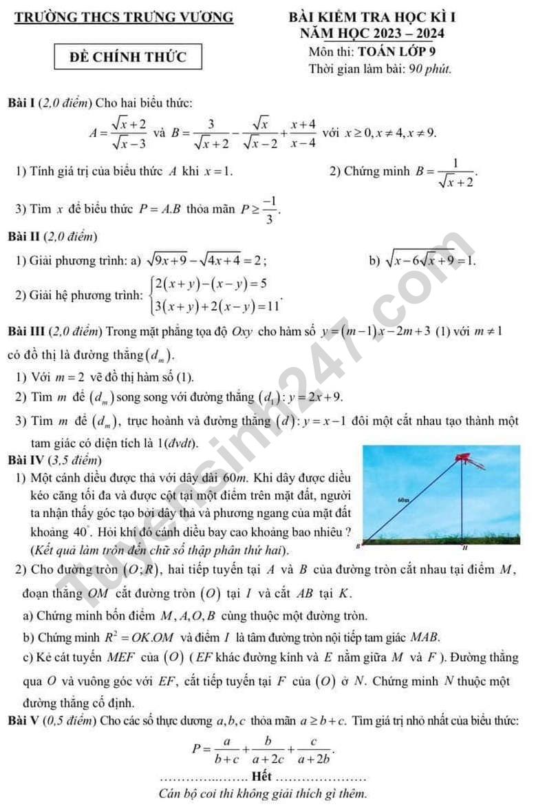 De thi ki 1 lop 9 mon Toan - THCS Trung Vuong 2023