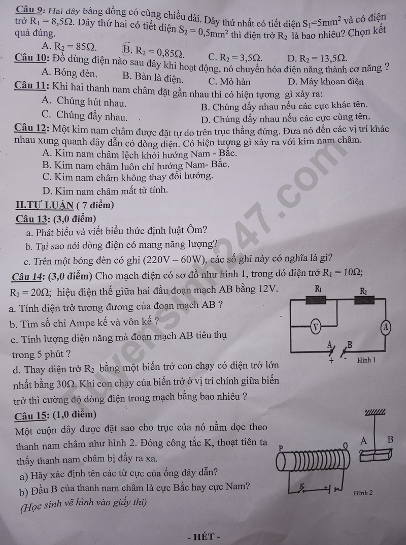 De thi hoc ki 1 mon Ly lop 9 - THCS TT Long Thanh 2023