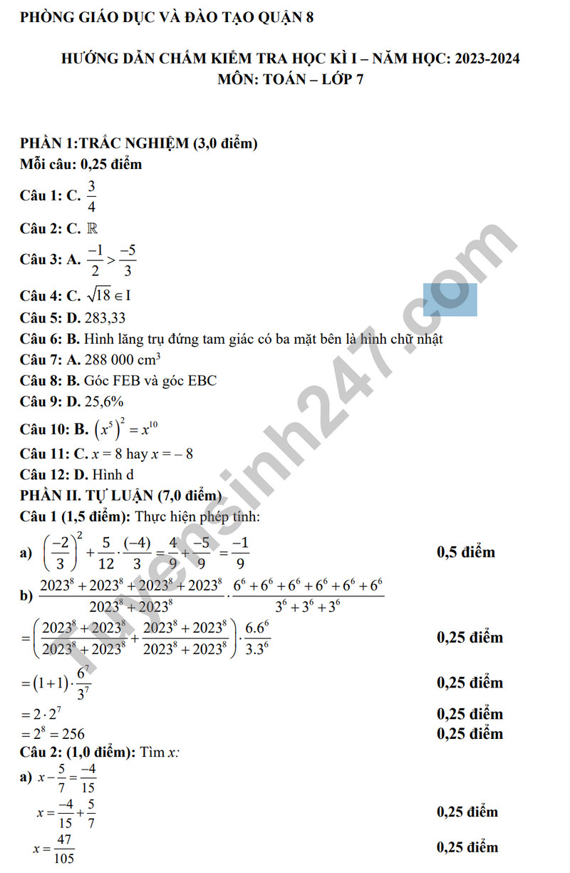 De thi ki 1 mon Toan lop 7 - Phong GD quan 8 nam 2023 (Co dap an)