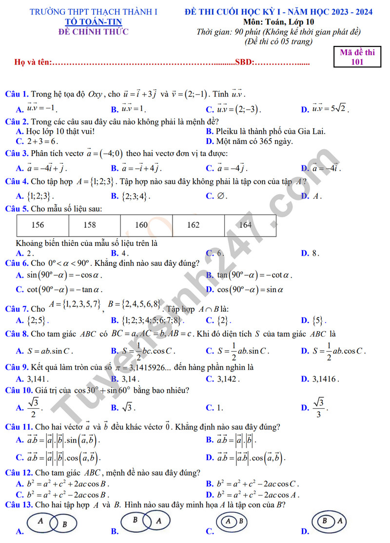 De kiem tra ki 1 mon Toan lop 10 - THPT Thach Thanh 1 nam 2023