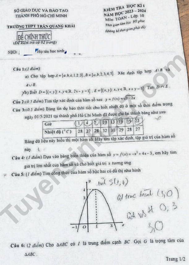 De thi ki 1 lop 10 mon Toan 2023 - THPT Tran Quang Khai