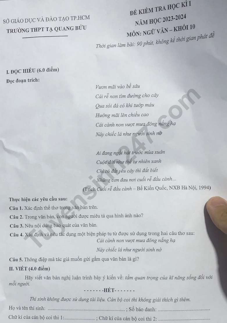 De thi cuoi ki 1 lop 10 mon Van - THPT Ta Quang Buu 2023