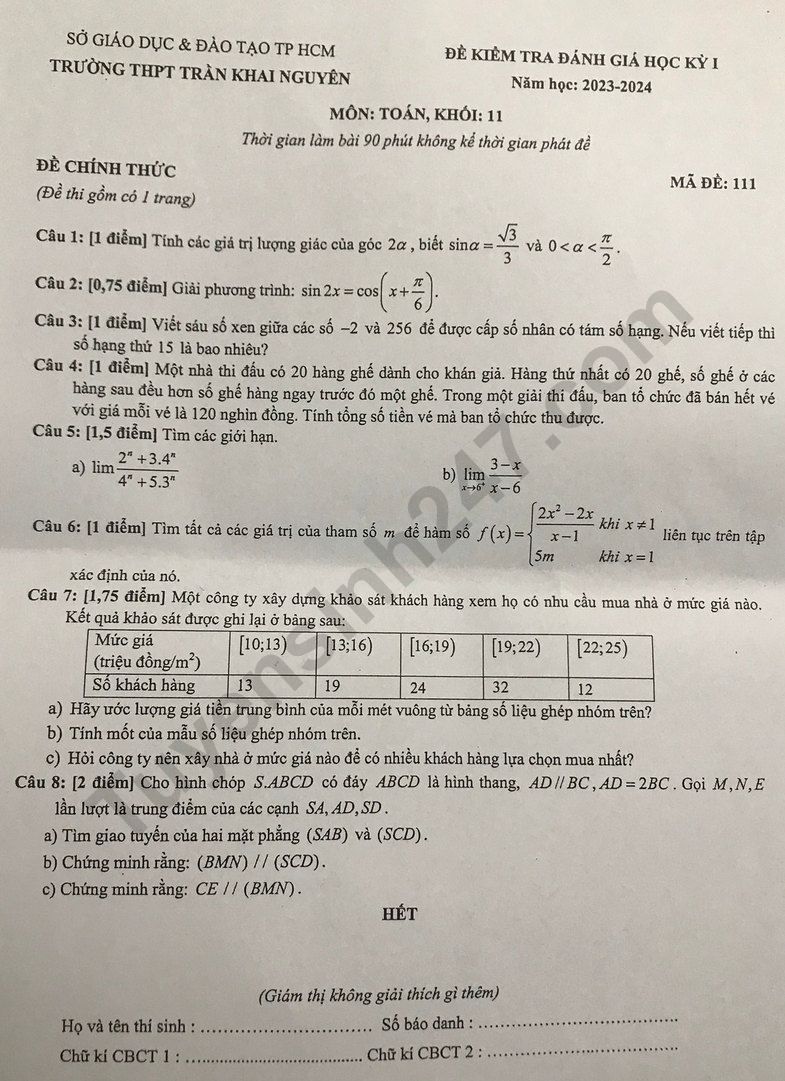De thi ki 1 lop 11 mon Toan 2023 - THPT Tran Khai Nguyen