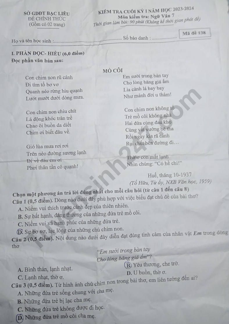 De thi ki 1 lop 7 mon Van 2023 - So GD Bac Lieu