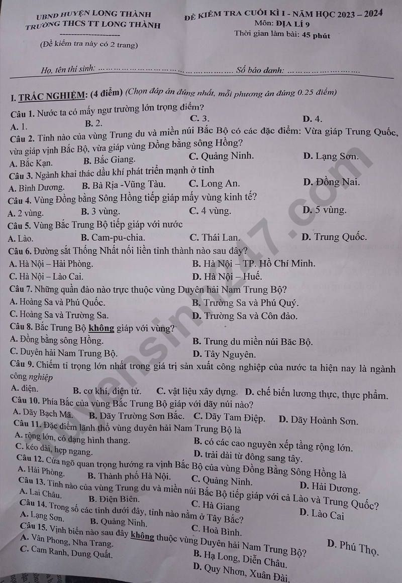 De thi hoc ki 1 mon Dia lop 9 - THCS TT Long Thanh 2023