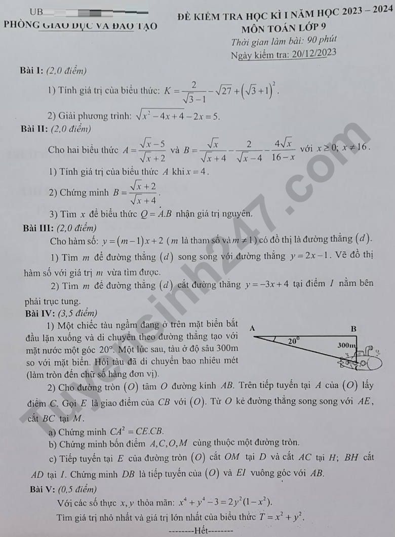 De thi ki 1 mon Toan lop 9 nam 2023 - Quan Ba Dinh