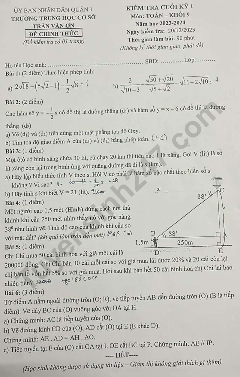 De kiem tra cuoi ki 1 mon Toan lop 9 - THCS Tran Van On 2023