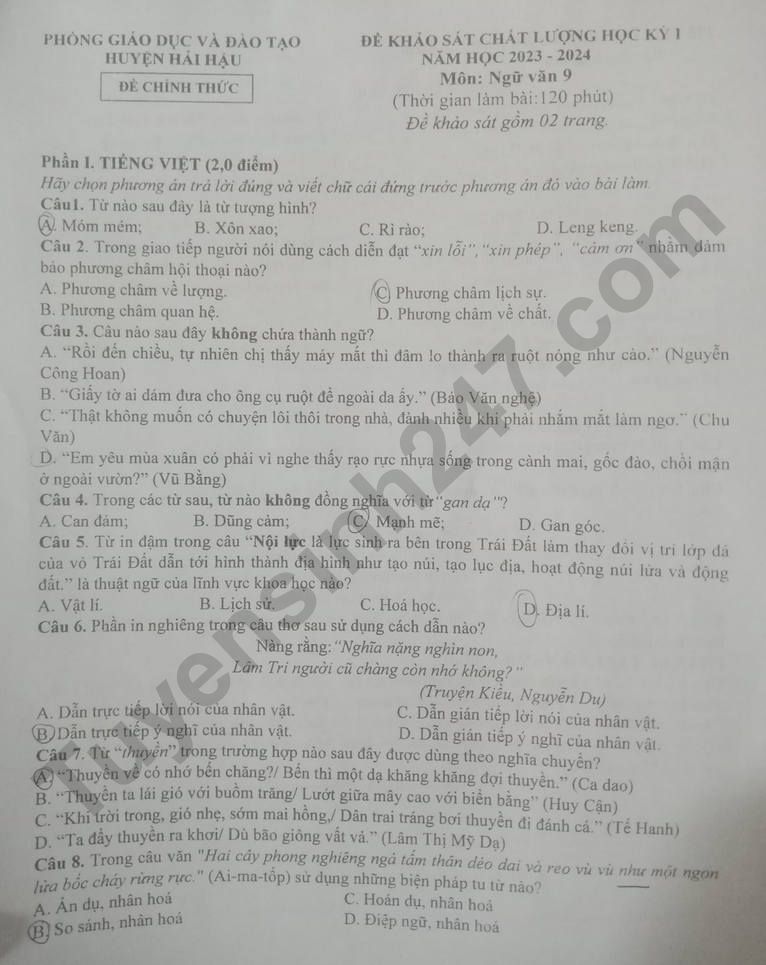 De thi ki 1 lop 9 mon Van 2023 - Phong GD Hai Hau