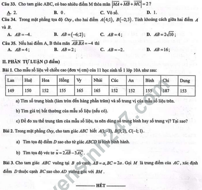 De thi HK 1 mon Toan lop 10 - THCS&THPT Nguyen Binh Khiem 2023