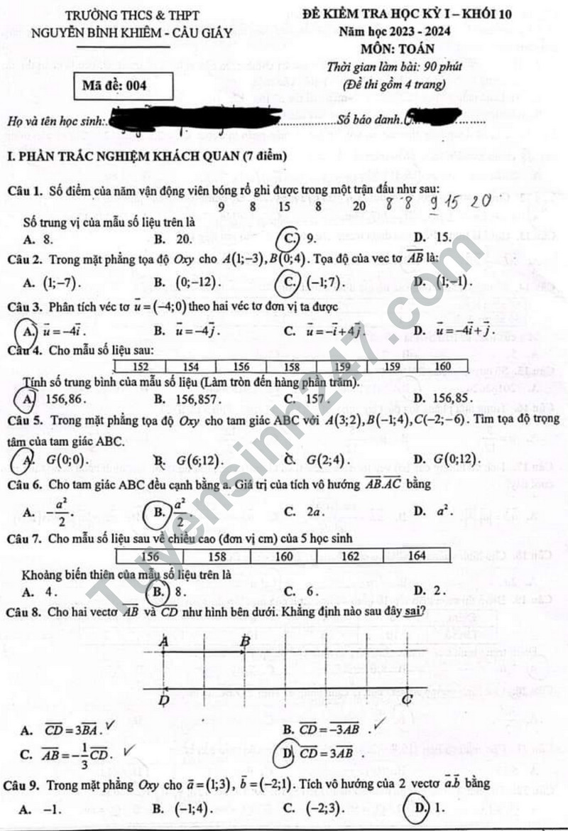 De thi HK 1 mon Toan lop 10 - THCS&THPT Nguyen Binh Khiem 2023