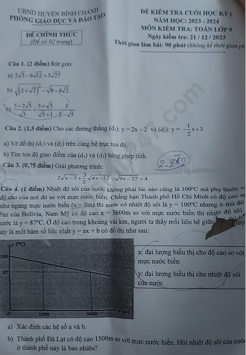 De thi cuoi ki 1 mon Toan lop 9 - Phong GD Binh Chanh 2023