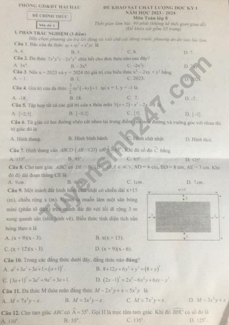 De thi ki 1 lop 8 mon Toan - Phong GD Hai Hau 2023