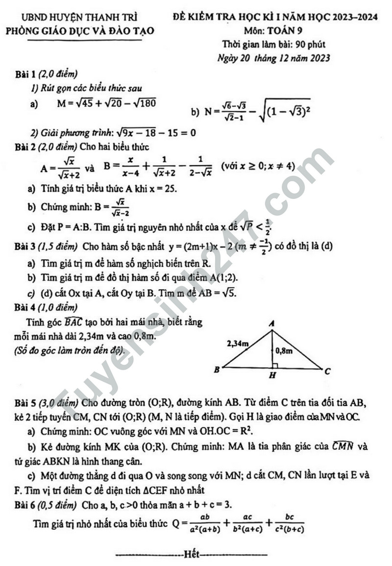 De kiem tra HK1 mon Toan lop 9 - Phong GD huyen Thanh Tri 2023