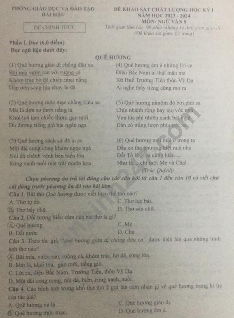 De thi ki 1 lop 8 mon Van - Phong GD Hai Hau 2023