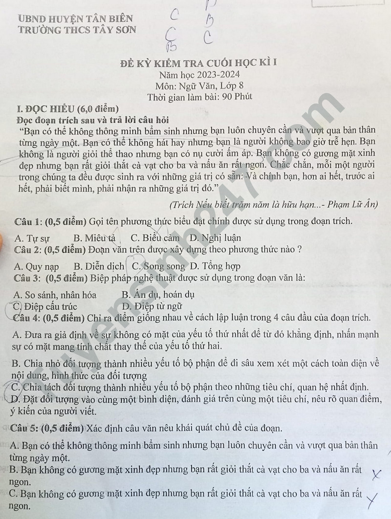De kiem tra ki 1 mon Van lop 8 - THCS Tay Son 2023