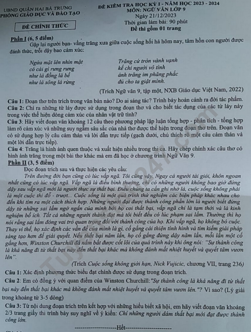 De thi ki 1 mon Van lop 9 - Phong GD Hai Ba Trung 2023