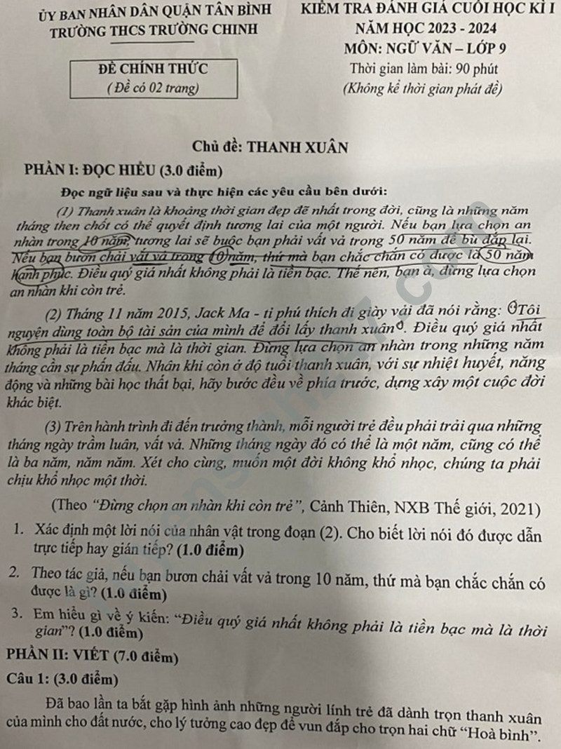 De thi cuoi ki 1 mon Van lop 9 nam 2023 - THCS Truong Chinh