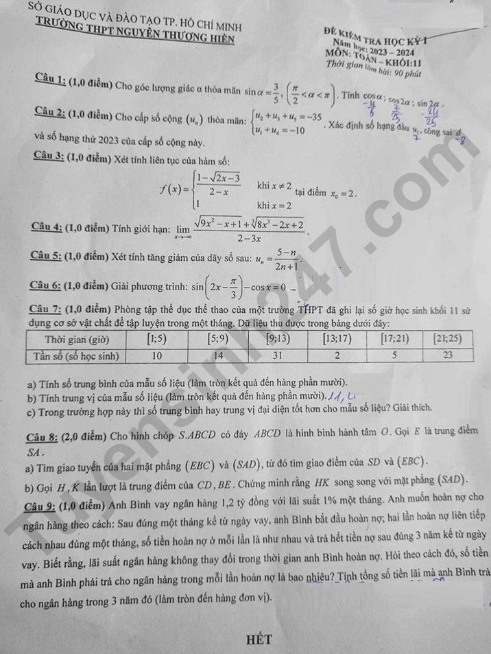 De thi HK1 mon Toan lop 11 - THPT Nguyen Thuong Hien 2023