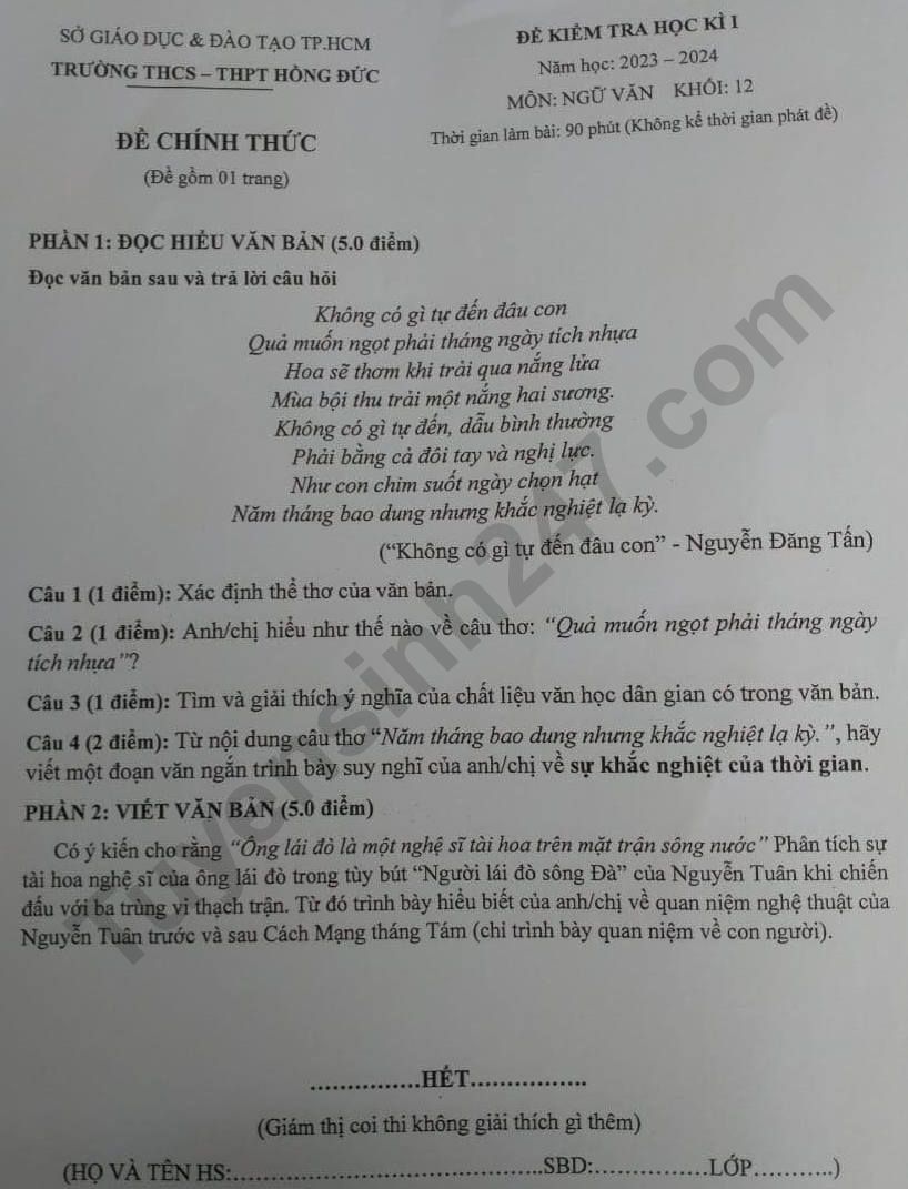 De thi ki 1 lop 12 mon Van 2023 - THCS THPT Hong Duc