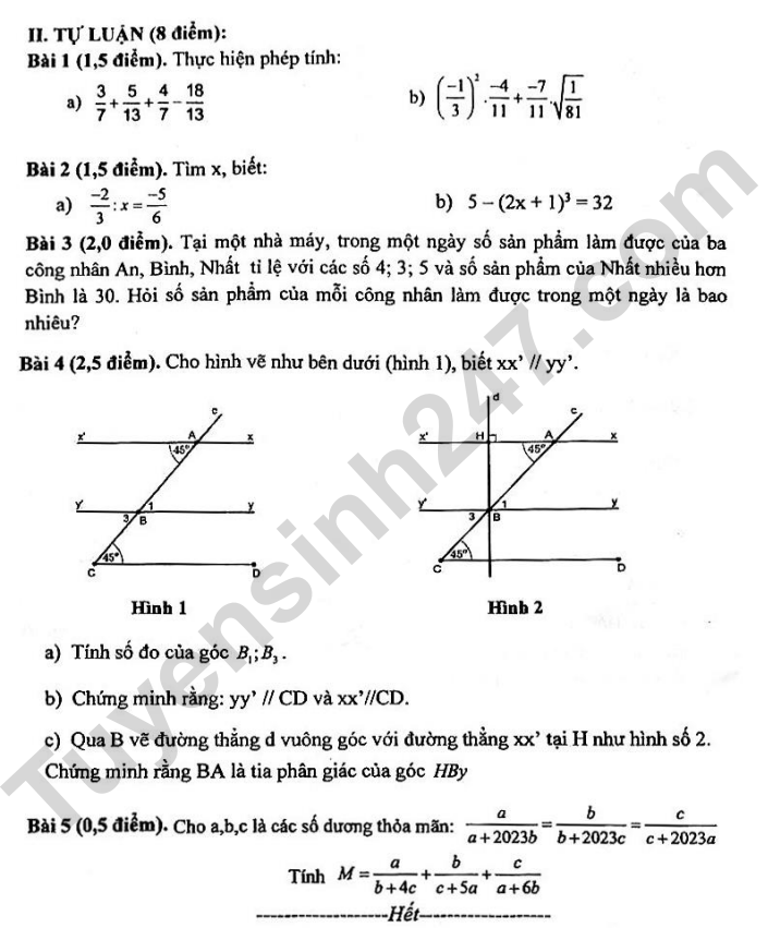 De thi cuoi ki 1 lop 7 mon Toan 2023 - Quan Tay Ho