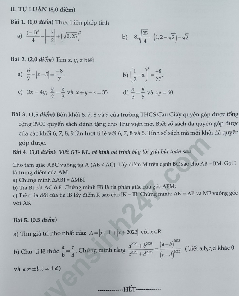 De thi ki 1 mon Toan lop 7 - THCS Cau Giay 2023
