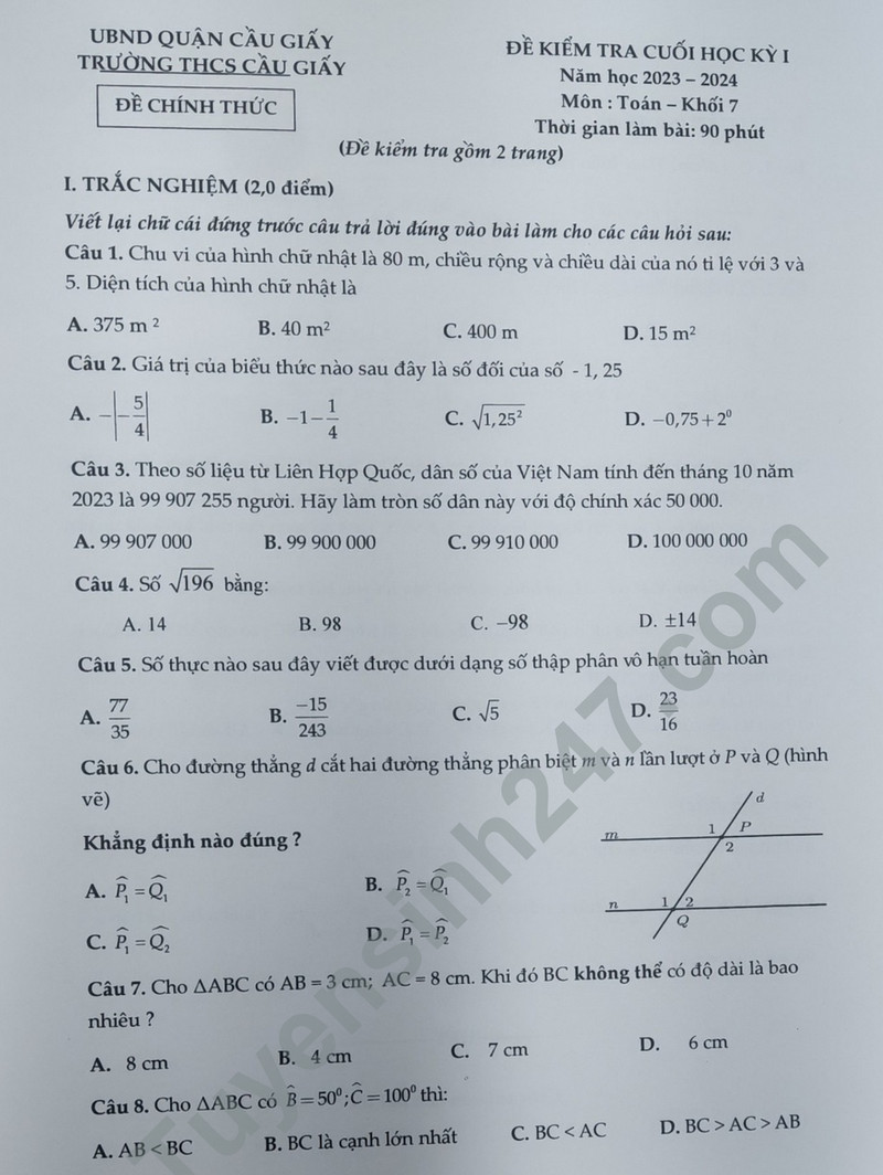De thi ki 1 mon Toan lop 7 - THCS Cau Giay 2023