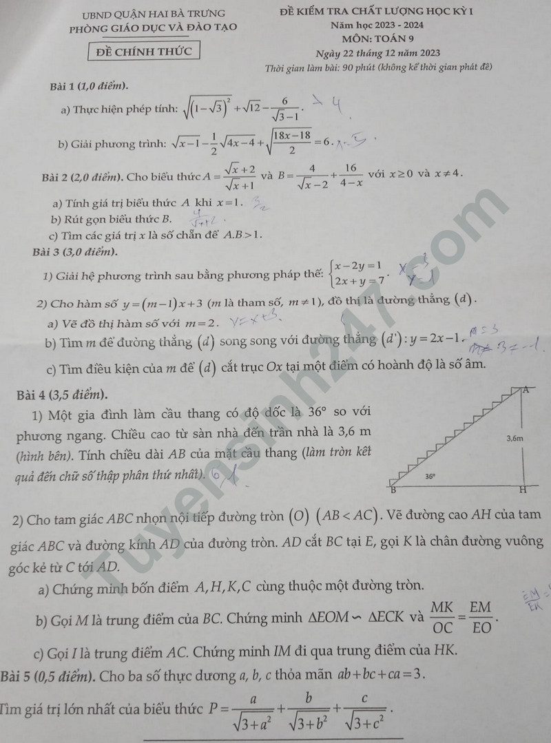De thi ki 1 lop 9 nam 2023 - Phong GD Hai Ba Trung mon Toan