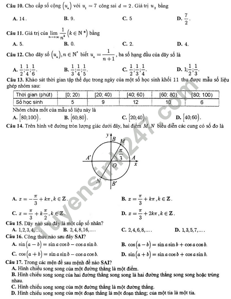 De thi cuoi ki 1 mon Toan lop 11 - THPT Tran Phu 2023
