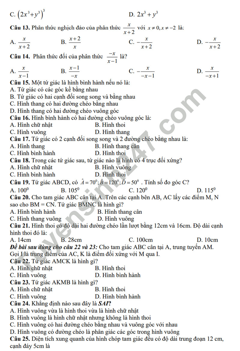 De thi ki 1 mon Toan lop 8 - THCS Nguyen Dinh Chieu 2023 (Co dap an)
