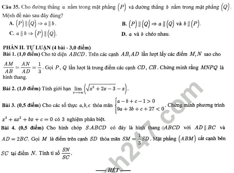 De thi cuoi ki 1 mon Toan lop 11 - THPT Tran Phu 2023