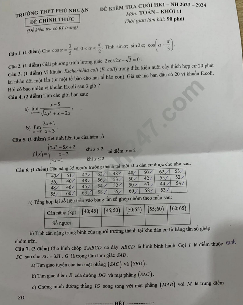 De thi hoc ki 1 mon Toan lop 11 nam 2023 - THPT Phu Nhuan