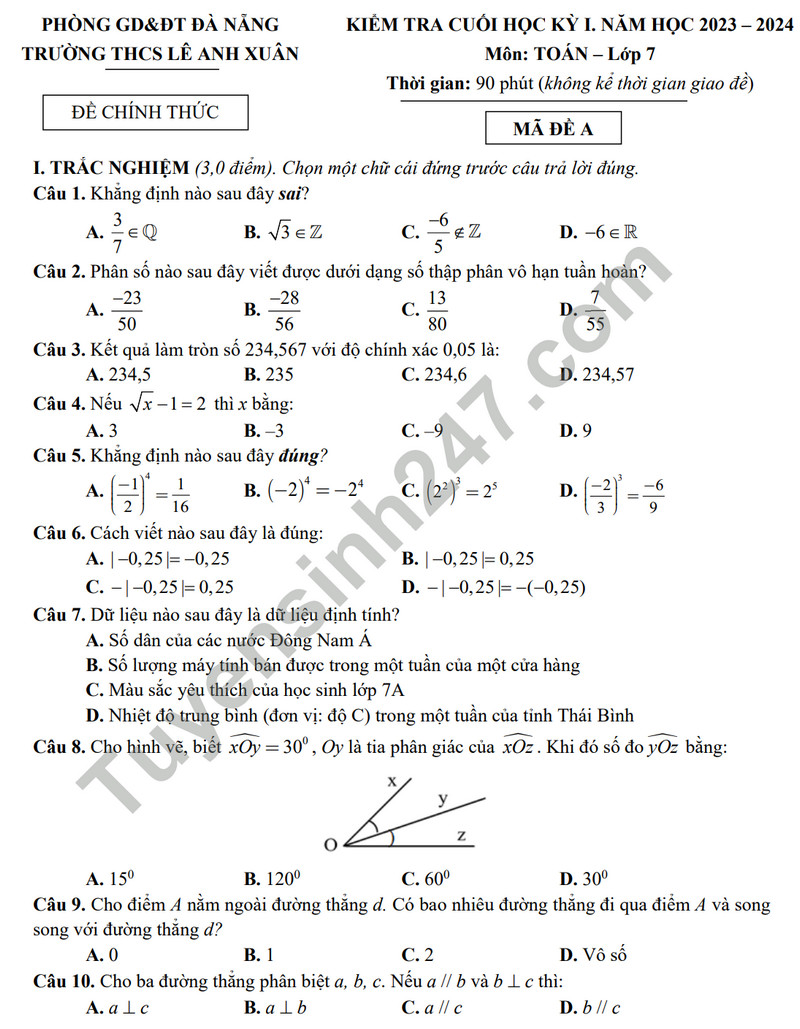 De thi hoc ki 1 mon Toan lop 7 - THCS Le Anh Xuan nam 2023 (Co dap an)
