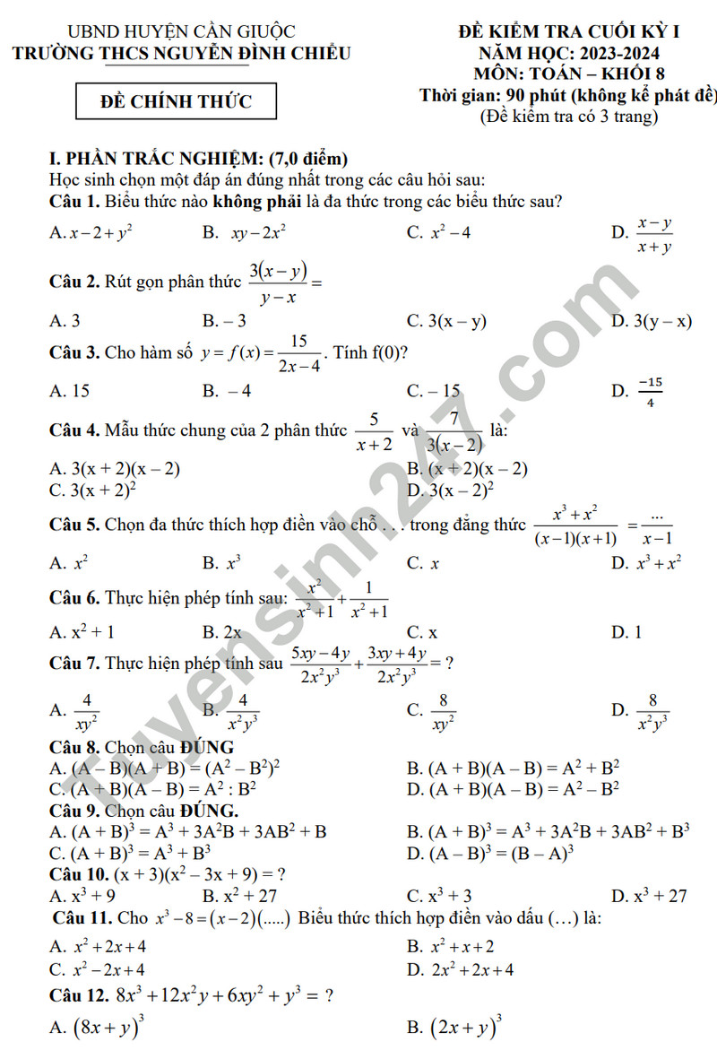 De thi ki 1 mon Toan lop 8 - THCS Nguyen Dinh Chieu 2023 (Co dap an)