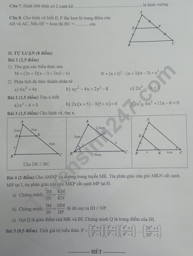De thi ki 1 mon Toan lop 8 - THCS Thanh Cong 2023
