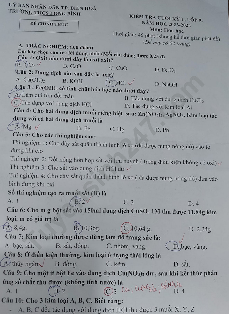 De thi hoc ky 1 lop 9 mon Hoa nam 2023 - THCS Long Binh