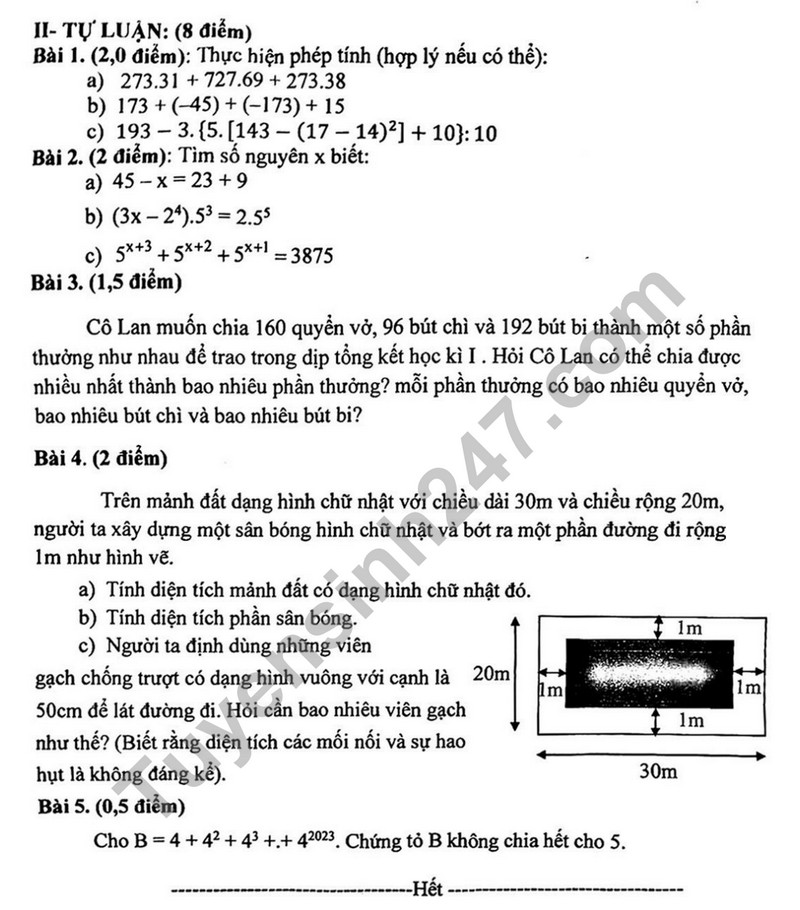 De thi cuoi ki 1 mon Toan lop 6 - Phong GD Tay Ho 2023