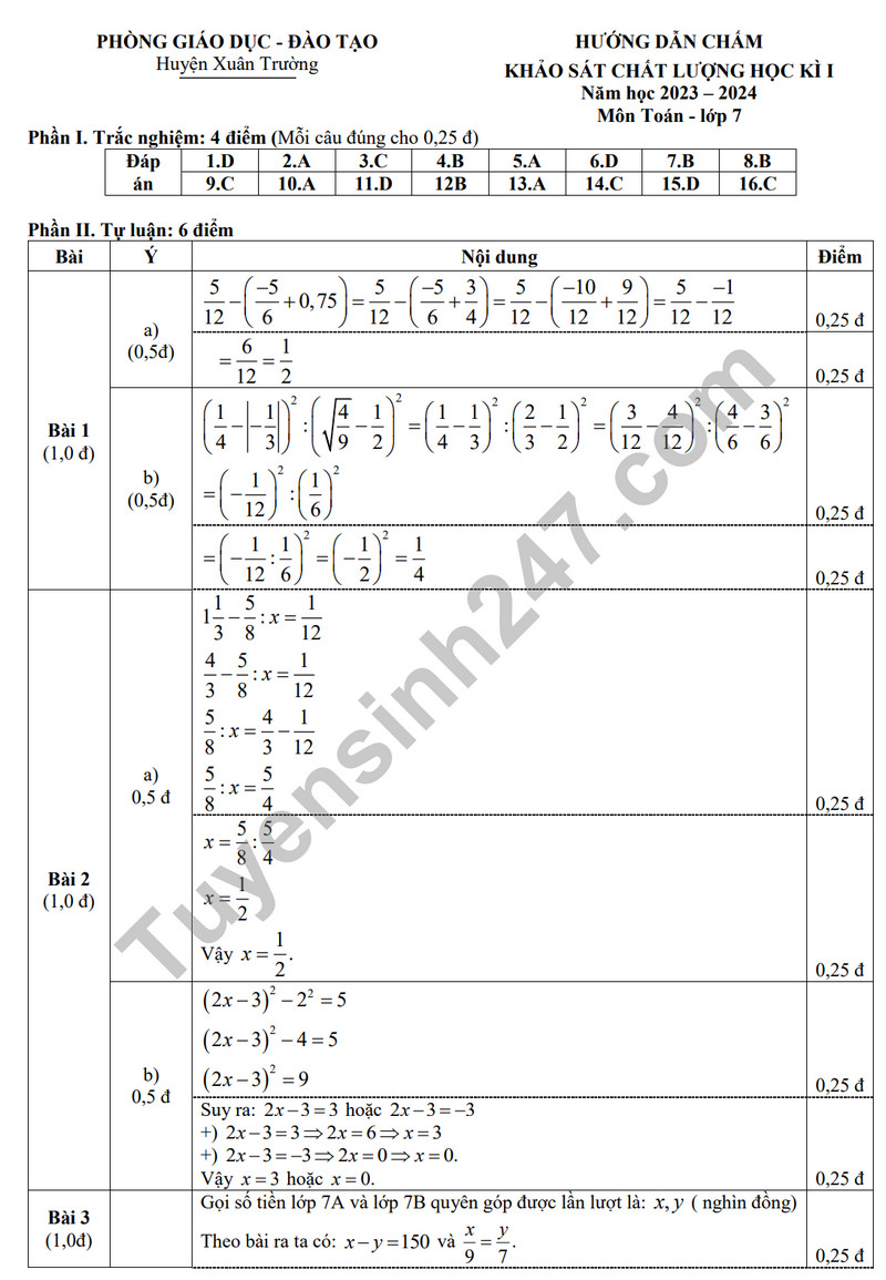 De thi HK 1 mon Toan lop 7 - Phong GD Xuan Truong 2023 (Co dap an)