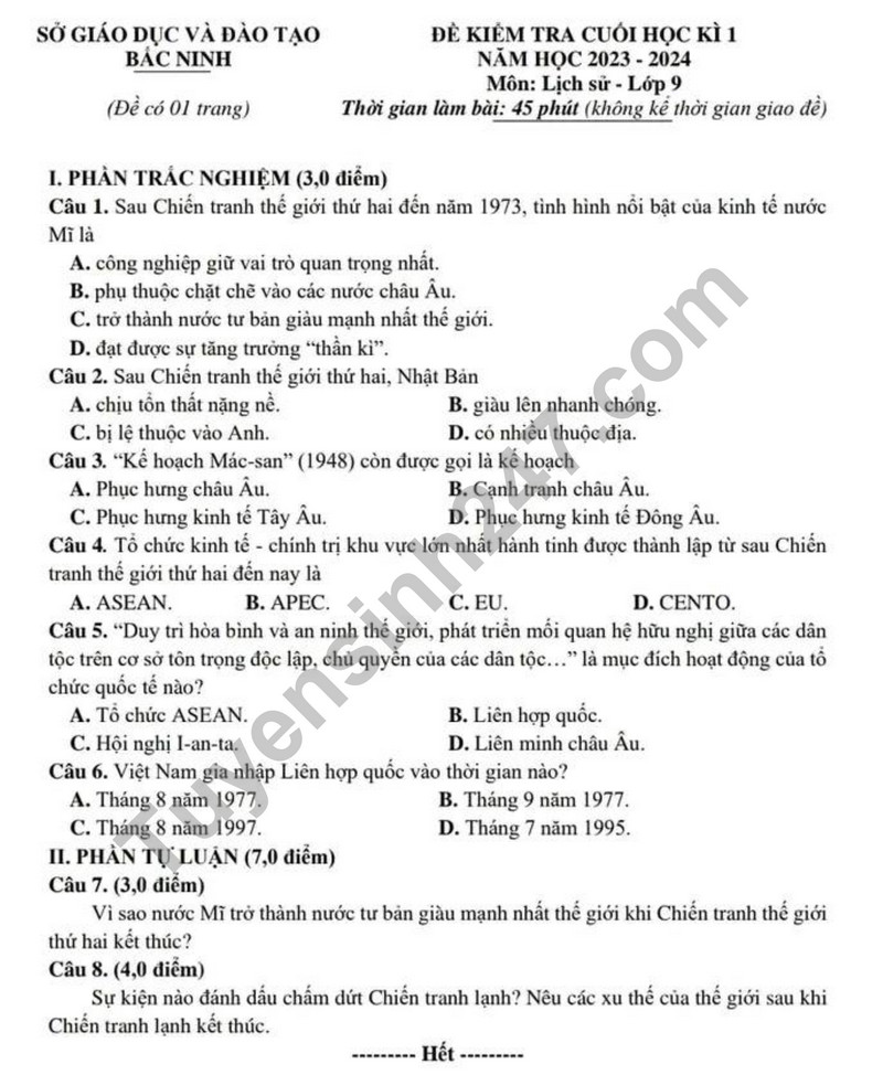De thi cuoi ki 1 mon Su lop 9 - So GD Bac Ninh 2023 (Co dap an)