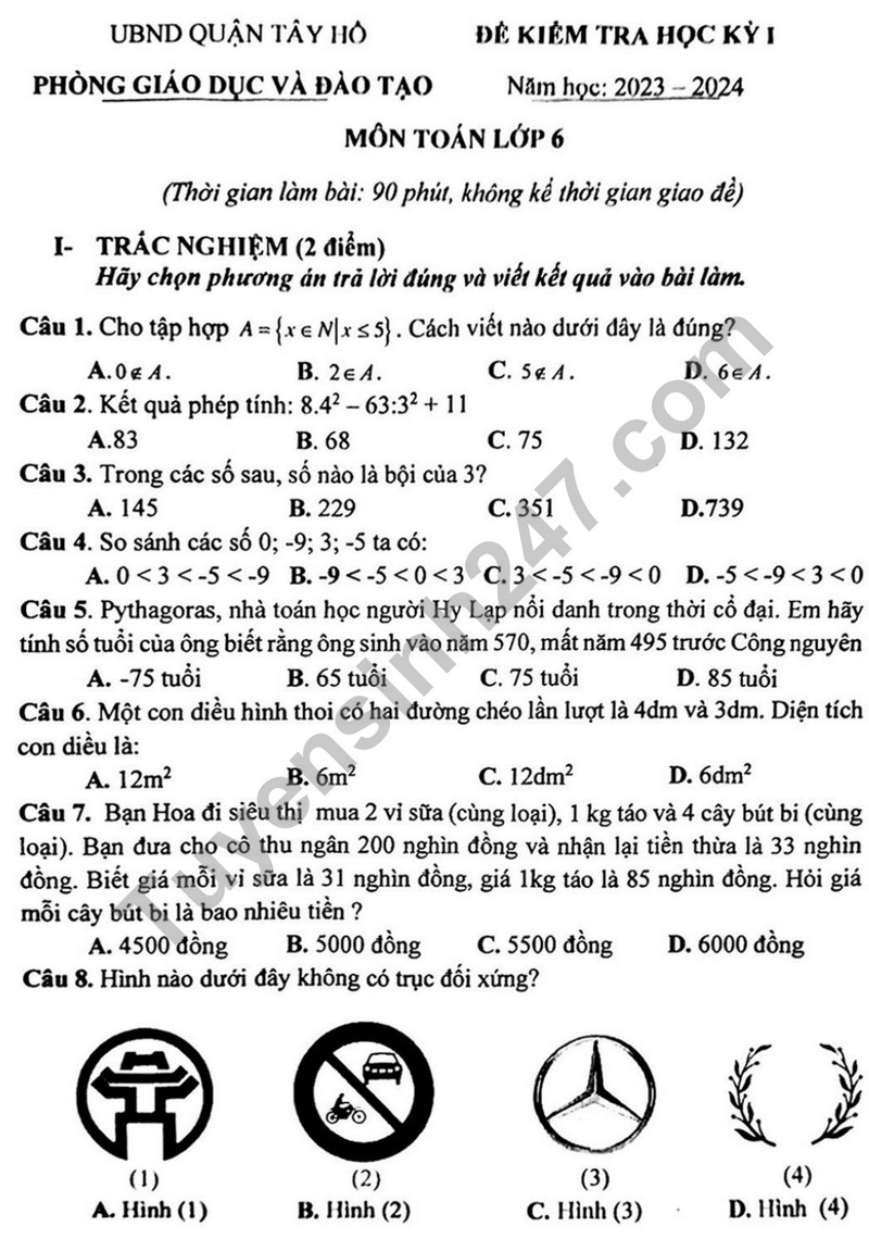 De thi cuoi ki 1 mon Toan lop 6 - Phong GD Tay Ho 2023