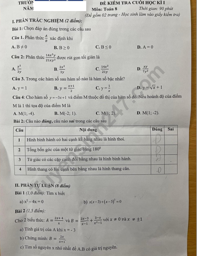 De thi cuoi ki 1 mon Toan lop 8 - THCS Dong Da 2023