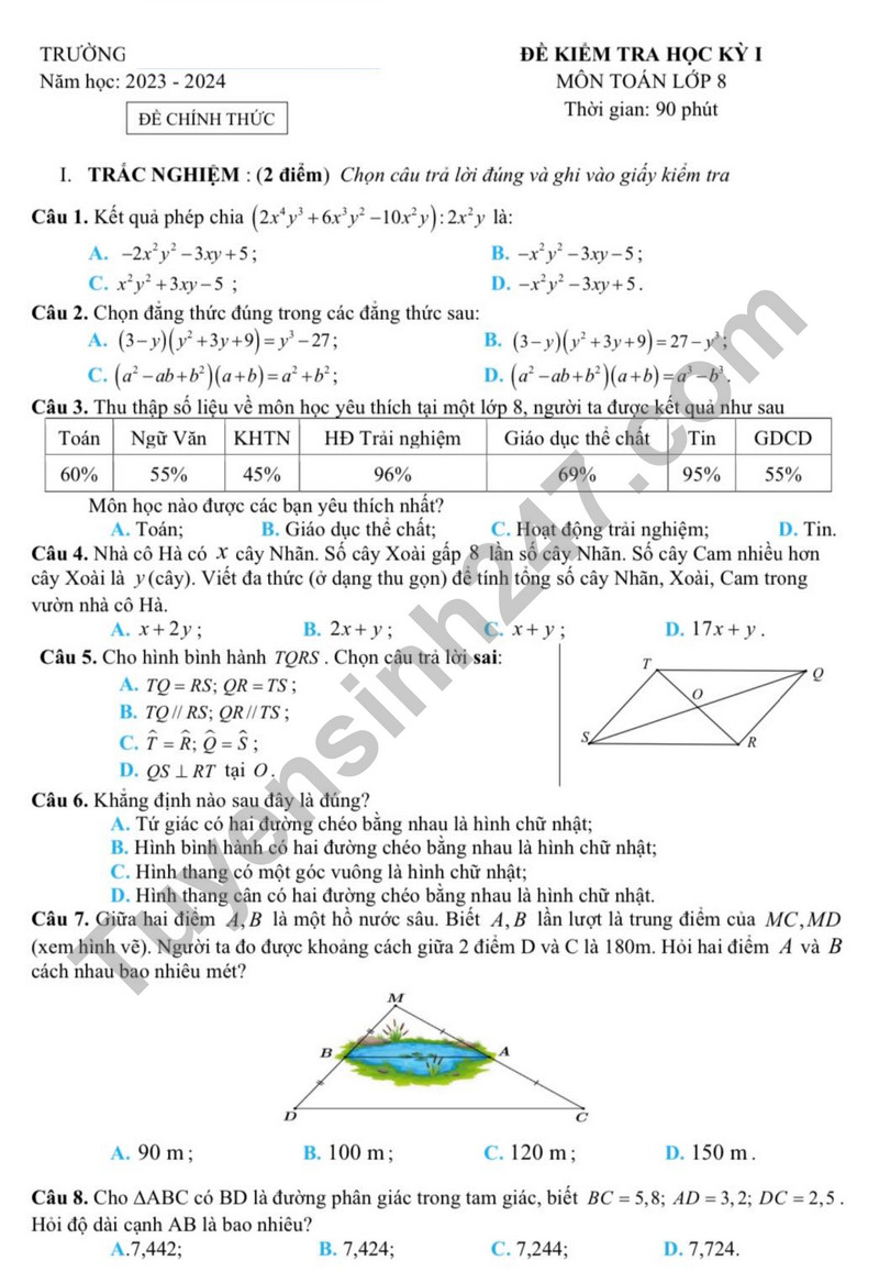 De thi hoc ki 1 nam 2023 lop 8 mon Toan - THCS Phan Chu Trinh (Co dap an)