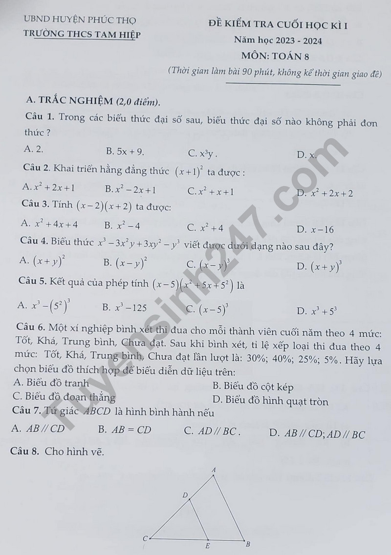 De thi HK 1 nam 2023 mon Toan lop 8 - THCS Tam Hiep (Co dap an)