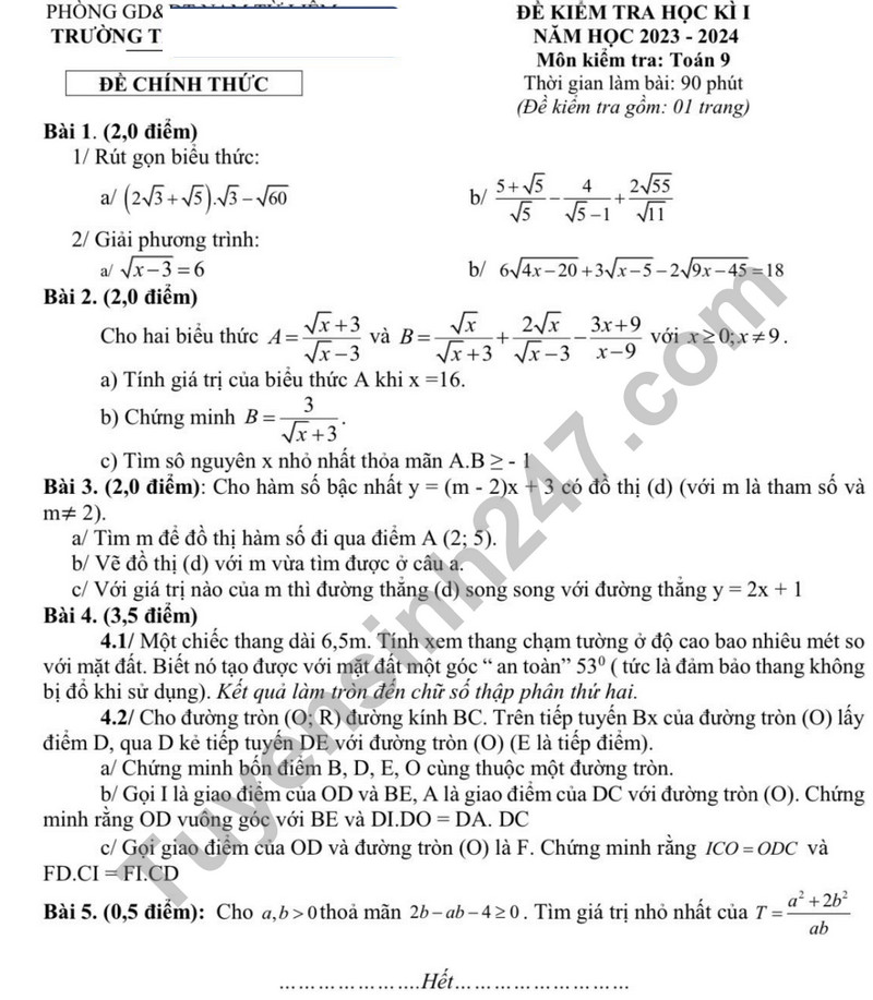 De thi hoc ki 1 mon Toan lop 9 nam 2023 - THCS Trung Van