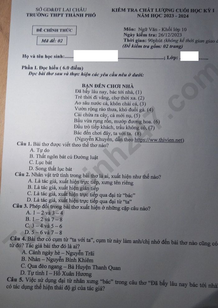 De thi ki 1 lop 10 mon Van 2023 - So GD Lai Chau