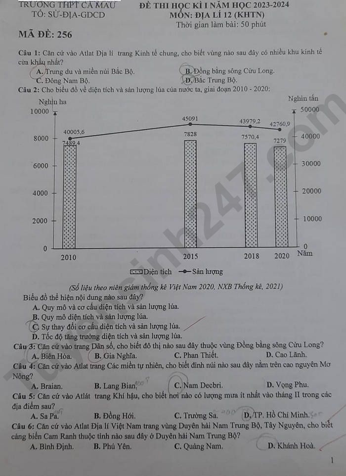De thi ki 1 mon Dia lop 12 - THPT Ca Mau 2023