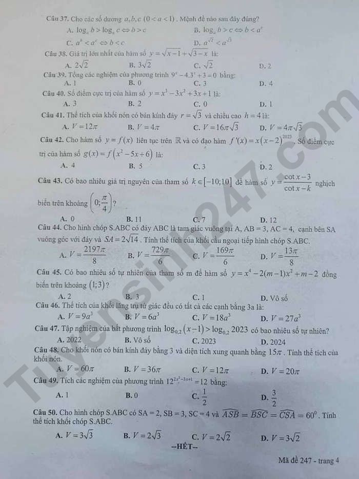 De thi ki 1 lop 12 mon Toan 2023 - tinh Binh Duong
