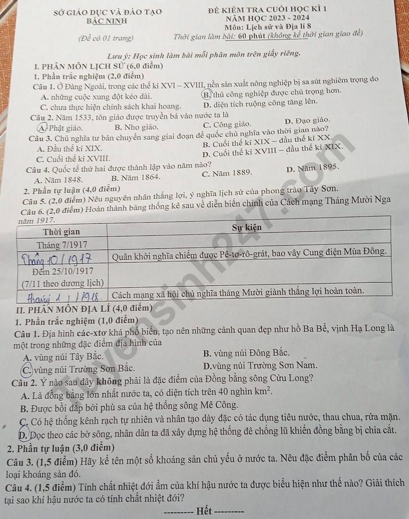 De thi ki 1 mon Su va Dia lop 8 nam 2023 - So GD Bac Ninh