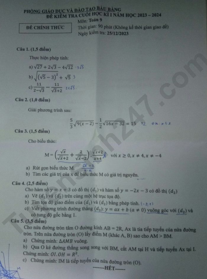De kiem tra cuoi ki 1 lop 9 mon Van 2023 - Phong GD Bau Bang