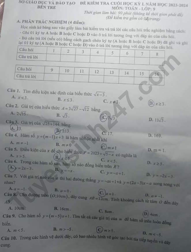 De thi cuoi ki 1 mon Toan lop 9 - So GD Ben Tre 2023 (Co dap an)